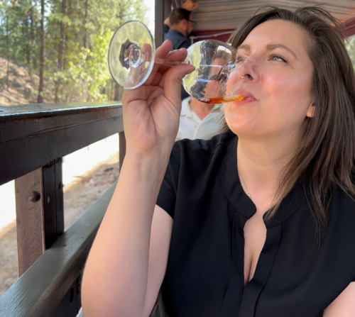Traveling in style - sip on local wine as you take a train ride through local vineyards and orchards in the Okanagan wine region in Summerland, BC, Canada.